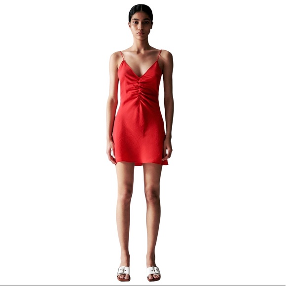 Zara Dresses Zara Ruched Flowy Strawberry Red Slip Dress Poshmark